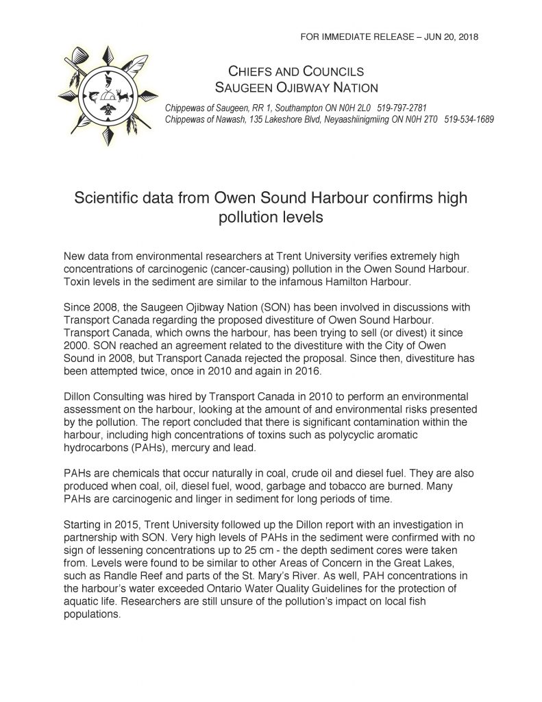 Press release about the Owen Sound harbour page 1